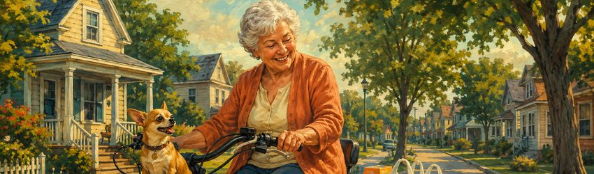 An older woman riding her etrike down a tree-lined neighborhood street, her small dog riding happily in the front basket, on a quick local errand run