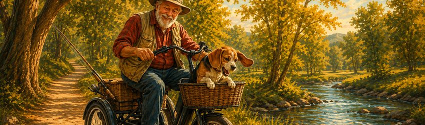 An older rider on his etrike pausing on a shaded path beside a stream, his beagle riding along in the front basket, fishing rod strapped to the back